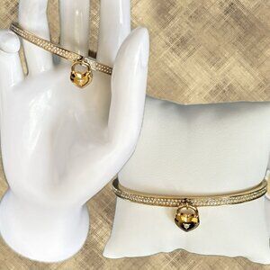 Michael Kors Logo Crystal Pave Heart Charm Gold Stainless Steel Hinge Bracelet